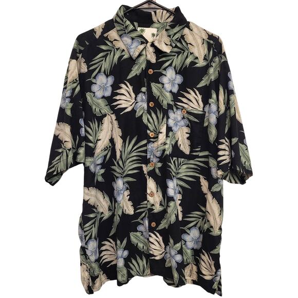 Banana Cabana Mens XL Shirt Black Tropical Floral Palms 100% Silk Short Sleeve - Picture 1 of 7